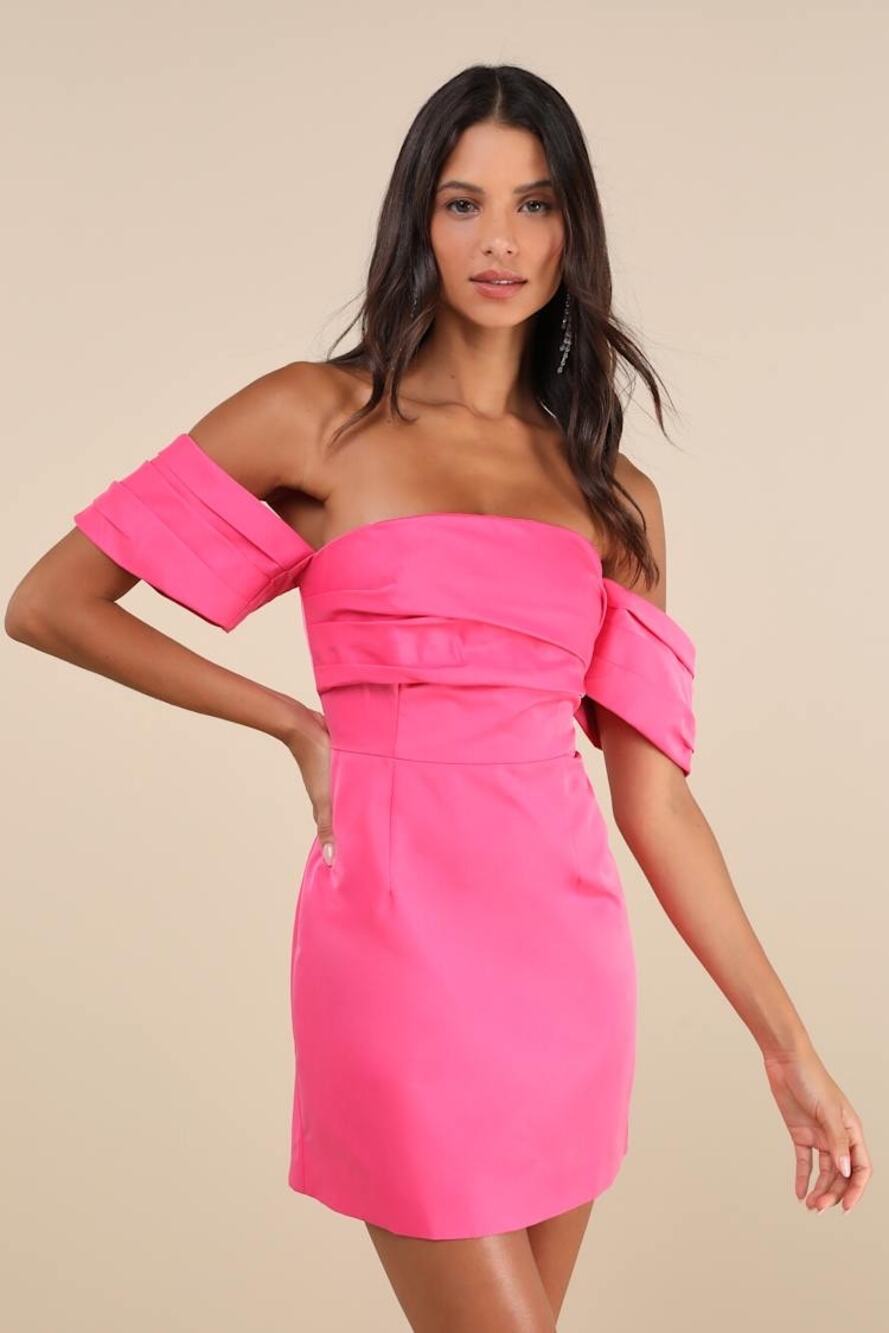 NWT Lulus Totally Haute Hot Pink Satin Pleated Off-the-Shoulder Mini Dress Sz M